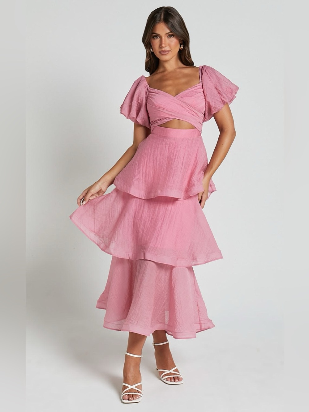 NEW Showpo Giselle Midi Dress Short Puff Sleeve Front Cut Out Layered Pink SZ 10